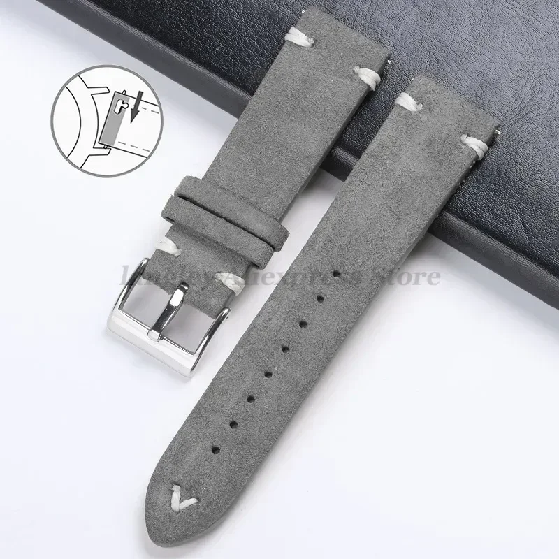 Vintage Handmade Suede Leather Watch Strap with Stitching Details, Available in Multiple Widths