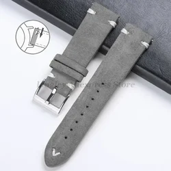 Vintage Handmade Suede Leather Watch Strap with Stitching Details, Available in Multiple Widths - Black Buckle (Gray White)