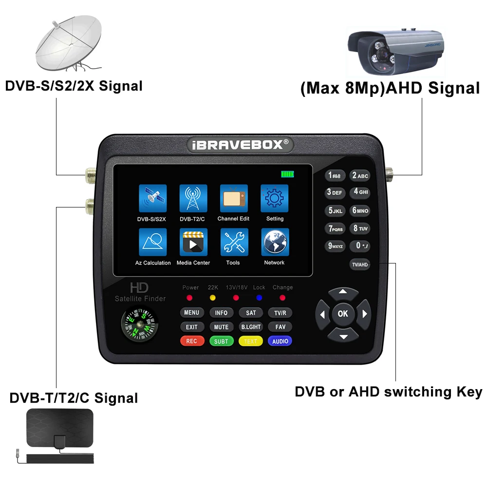 New Combo S2 T2 C TV Receiver Finder Meter DVBT C Satfinder Meter 4.3inch MPEG4 HD H.265 Sat Finder Support AHD for Camera