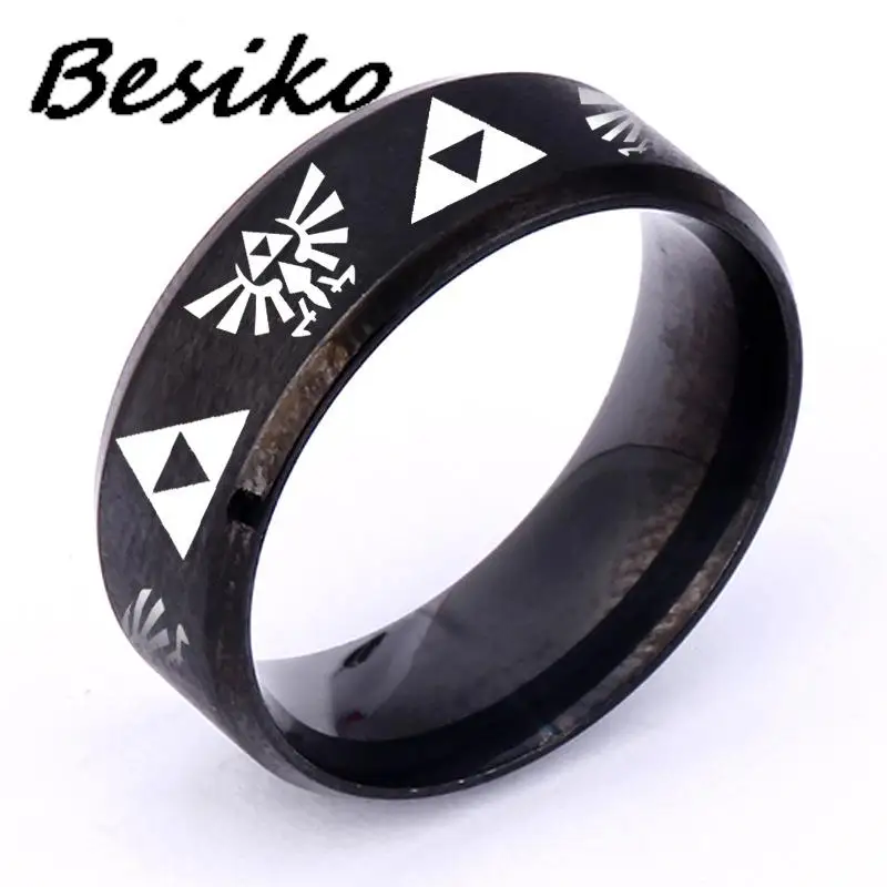Besiko 8mm The Legend of Triforce Triangle Symbol Band Ring for Men Women 316L Stainless Steel Cosplay Finger Rings 4