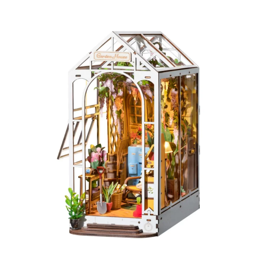 Rolife Gartenhaus Buchnische DIY Puppenhaus Buchstützen-Modellbausatz mit LED-Beleuchtung Holzpuzzle für Bücherregal-Dekoration - TGB06