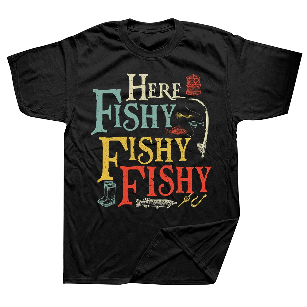 Funny Here Fishy Fishing T-Shirts für Männer und Frauen aus reiner Baumwolle, humorvolles Streetwear-T-Shirt, kurzärmelig, unisex, lockere Kleidung.
