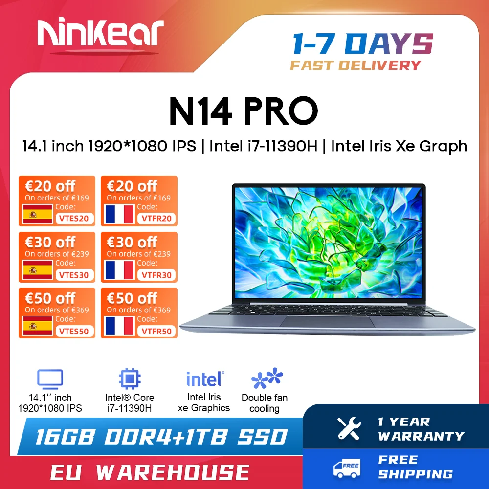 Laptop Ninkear N14 Pro 14 Pollici Ips Full Hd Intel Core I7-11390H 16Gb Ram + 1Tb Ssd Computer Portatile Windows 11 Notebook Ultraligh