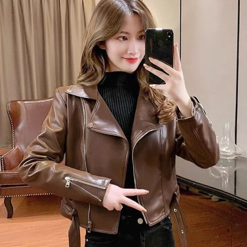Leather Coat Women's Spring and Autumn 2023 New Motorcycle Wear Short Leather Jacket Retro Slim Women's Top KJ