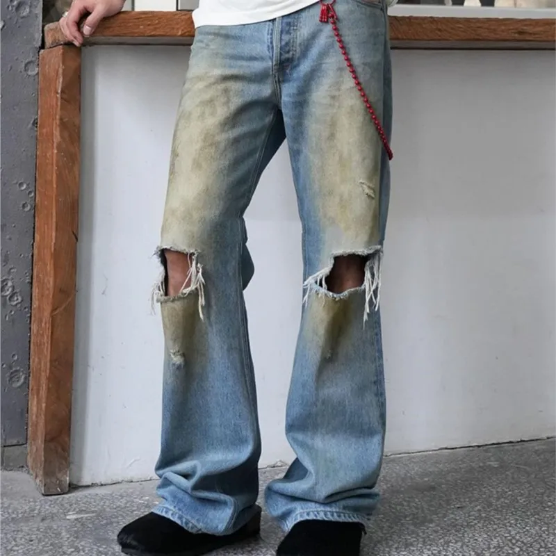 

Wasteland Style Knife for Handcraft Ripped Worn Old Straight Mud Dyed Dirty Wash Jeans Casual Pants Trousers for Men