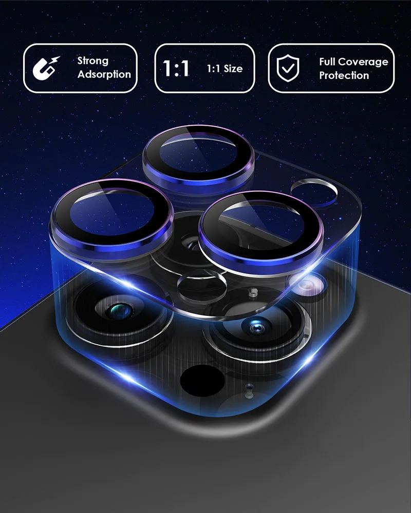 Protezione dell'obiettivo della fotocamera posteriore schermo in vetro temperato copertura della fotocamera ad anello in metallo Anti-esplosione per iPhone 12 13 14 15 Pro Max/15 Plus - immagine 3