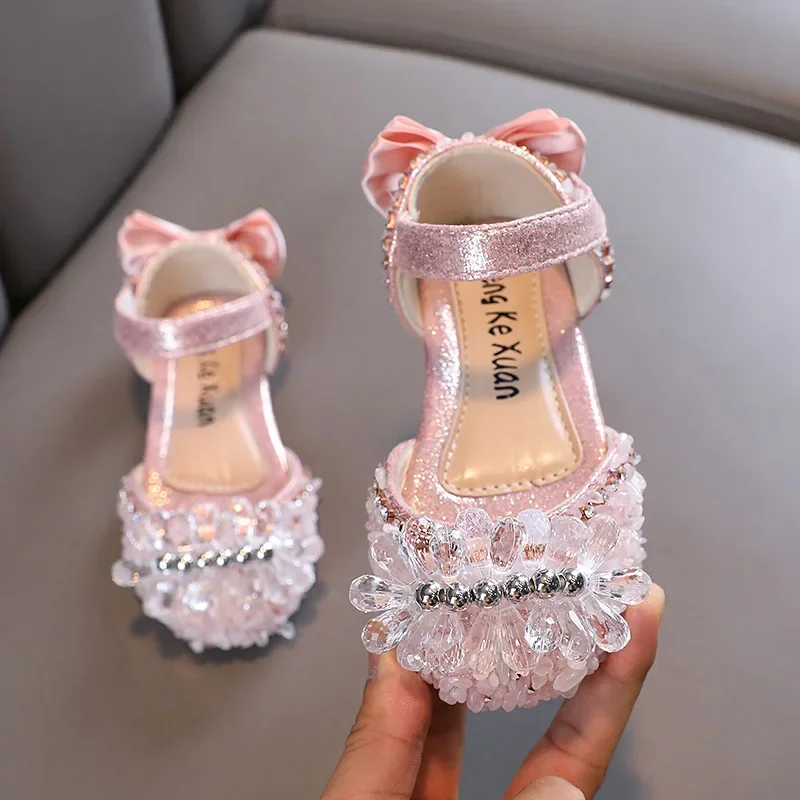 

New Summer Princess Flats Shoes Fashion Rhinestones Bow Girls Party Children Sandals Student Kids Sequins Sandals H969