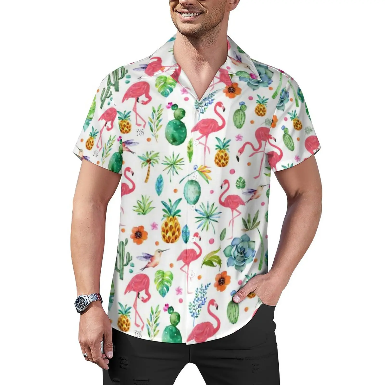 

Flamingos Vacation Shirt Tropical Flower Fruit Bird Print Hawaii Casual Shirts Male Streetwear Blouses Short Sleeve Graphic Tops