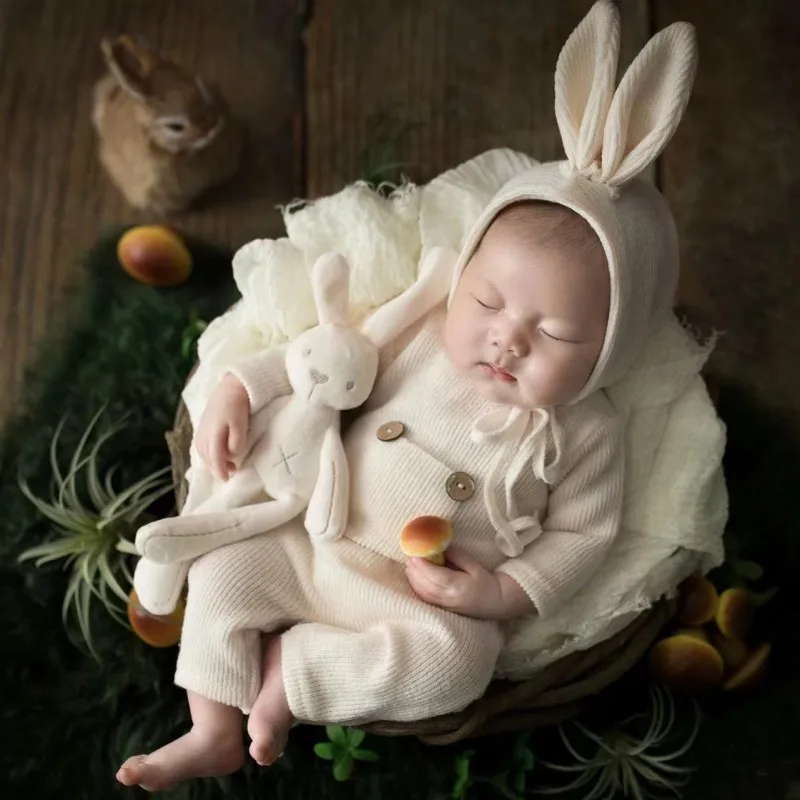 

Cute Baby Photography Rabbit Clothing Suit Jumpsuit Bunny Hat Toy 100 Days Full Moon Newborn Photo Props Clothes Studio Taking