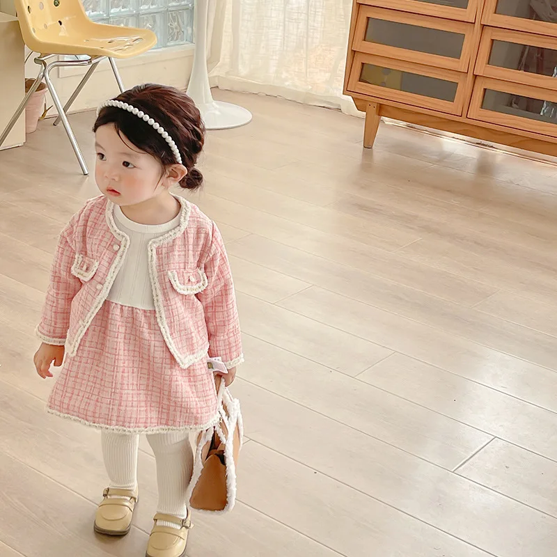 

Girl Dress Suit New Spring Autumn Korean Fashion Style Sets Baby Girl Plaid Long Sleeve Coat Patchwork Dress Two Piece Suit