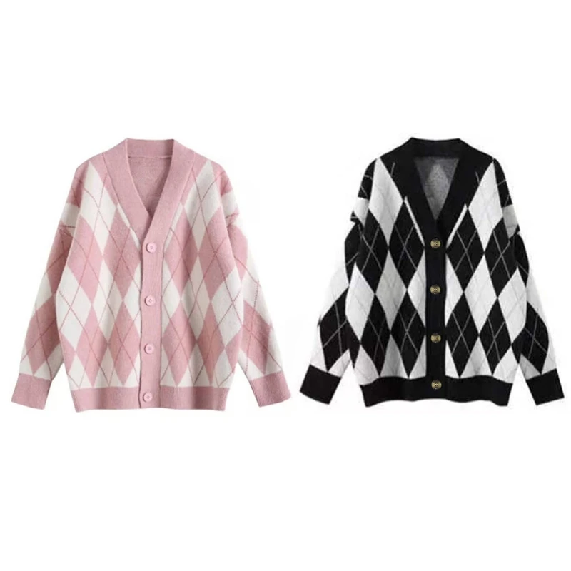 

Women Long Sleeve Sweater Cardigan Argyle Plaid Knitwear Coat Button Down for Ja Dropship