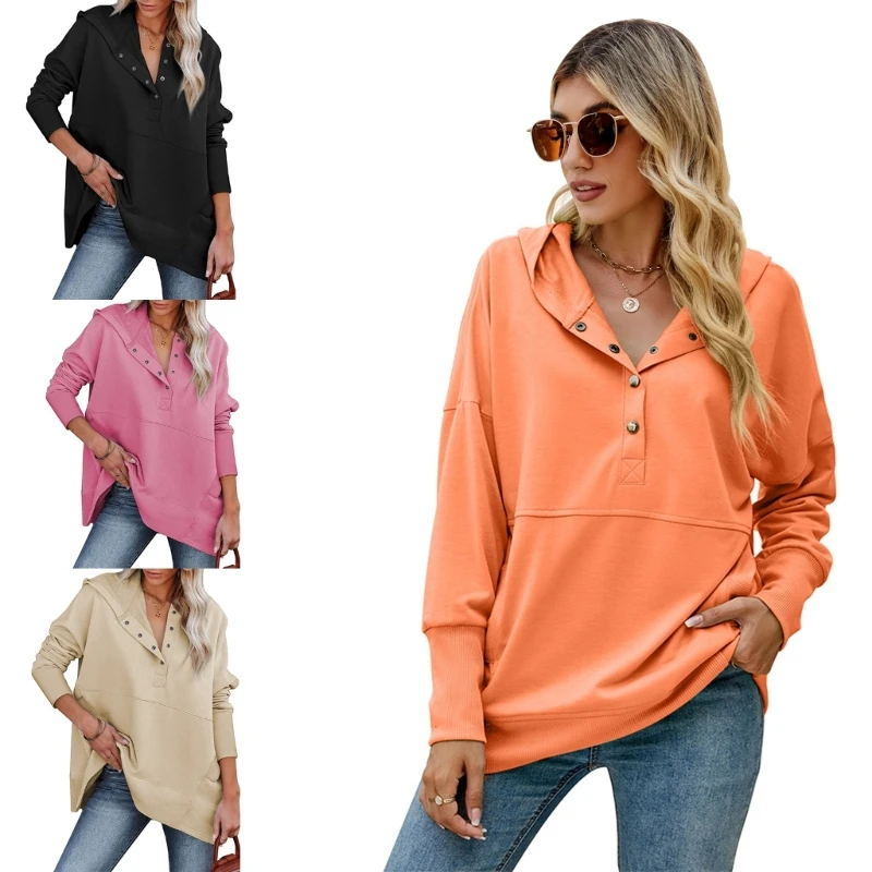 

Womens Casual Hoodie Long Sleeve Oversize Solid Color Button V-Neck Pullover Top MXMA