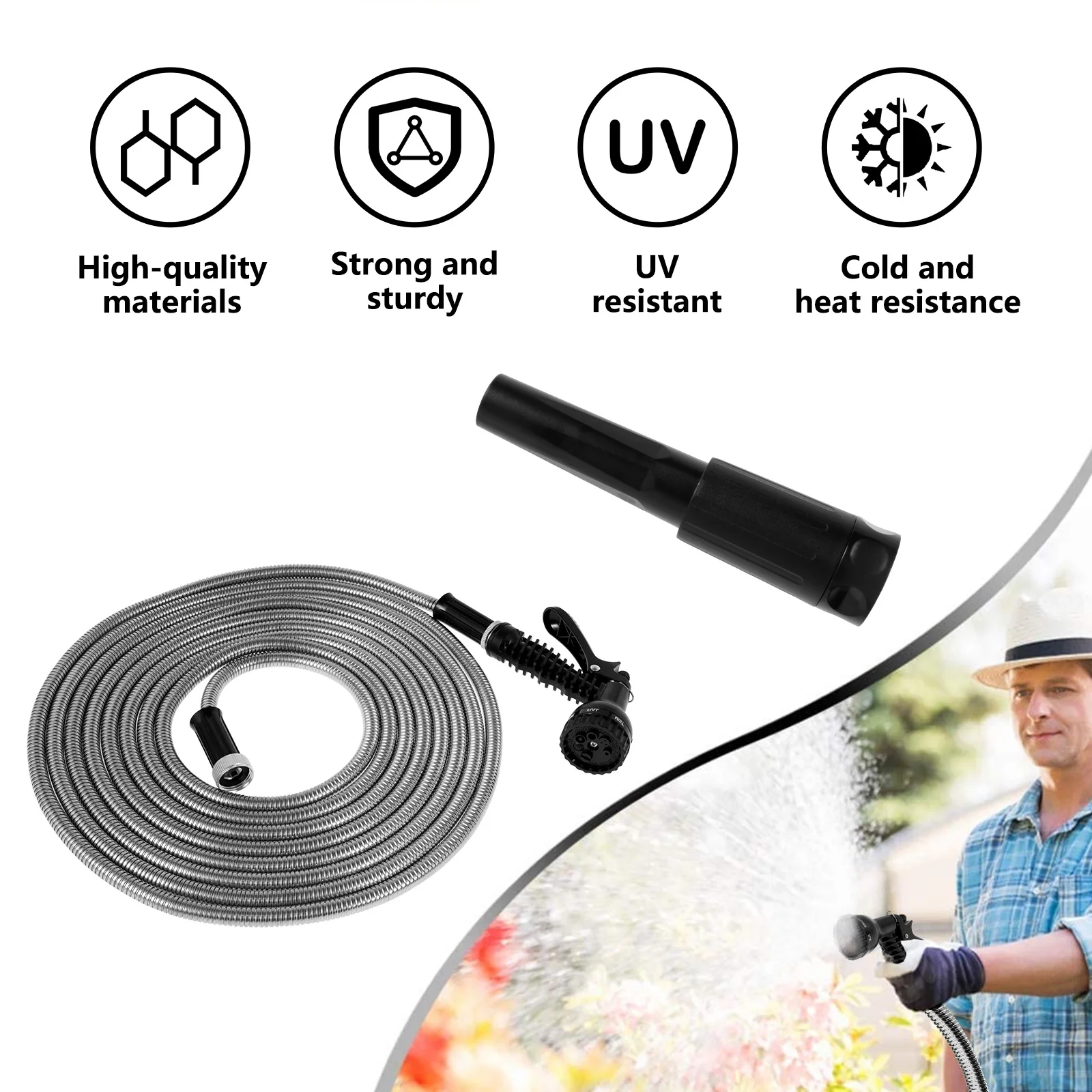 

Garden Hose with 2 Nozzles 24.6FT Heavy Duty Stainless Steel Water Hose Flexible Water Pipe for Outdoor Washing Car Cleaning