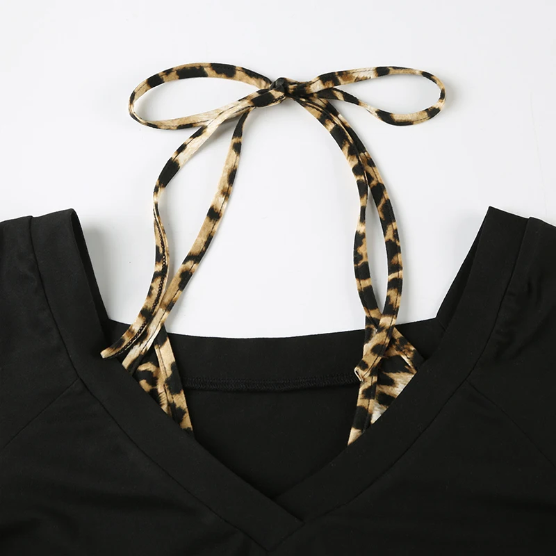 Patchwork Leopard Haled Fake Two Piece T-Shirt Women Long Sleeve Sexy Slim Design s New Blouses & Shirt Fashion