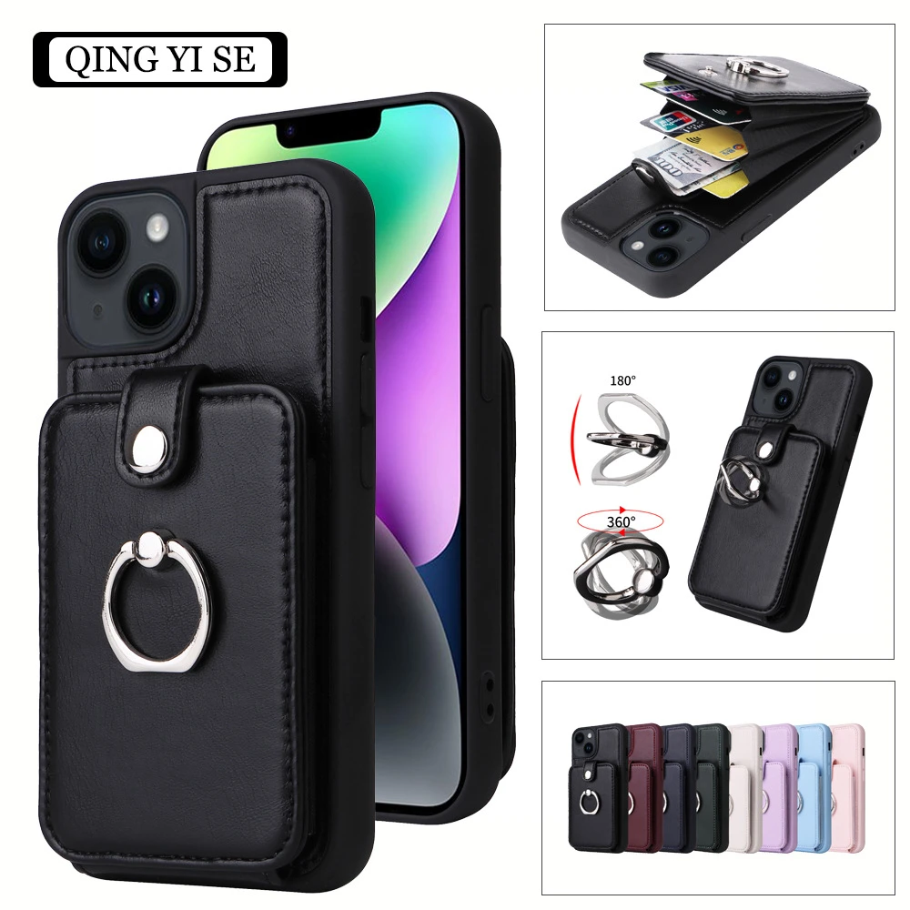

Finger Ring Wallet Phone Case For iPhone 15 Pro Max 14 13 12 11 Pro Max 15Plus Leather Stand Card Slots Back Cover
