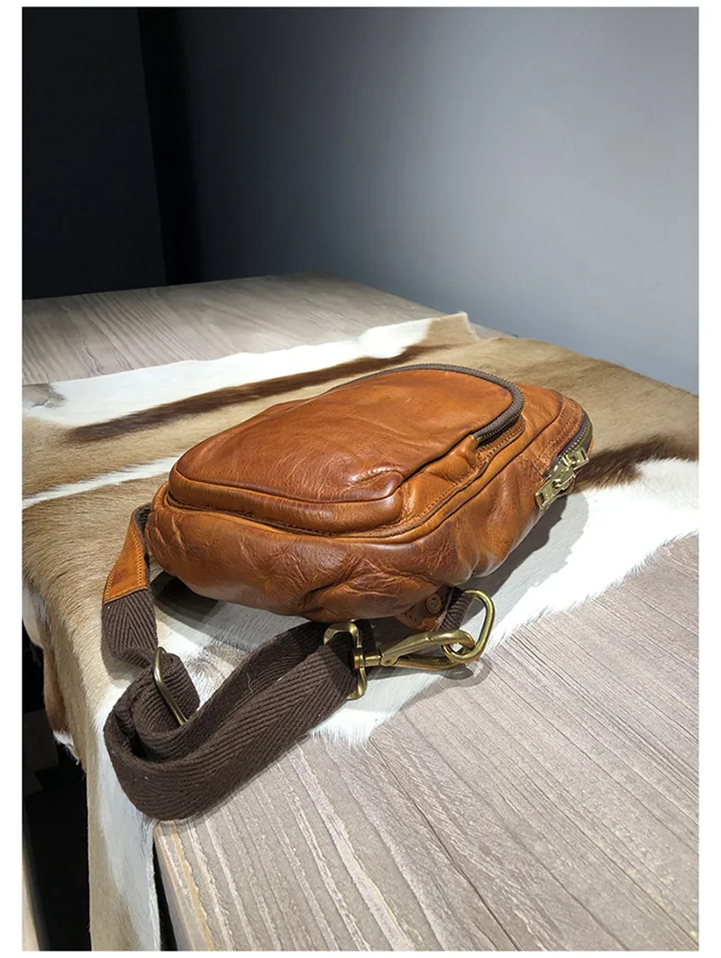 Vintage luxury natural genuine leather men's chest bag casual sports crossbody bag outdoor real first layer cowhide shoulder bag