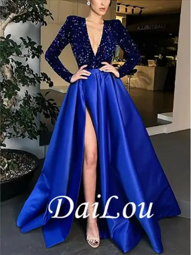 A-Line Sparkle Party Wear Formal Evening Dress V Neck Long Sleeve Floor Length Satin Sequin With Crystals Split 2022 Dark Royal Blue