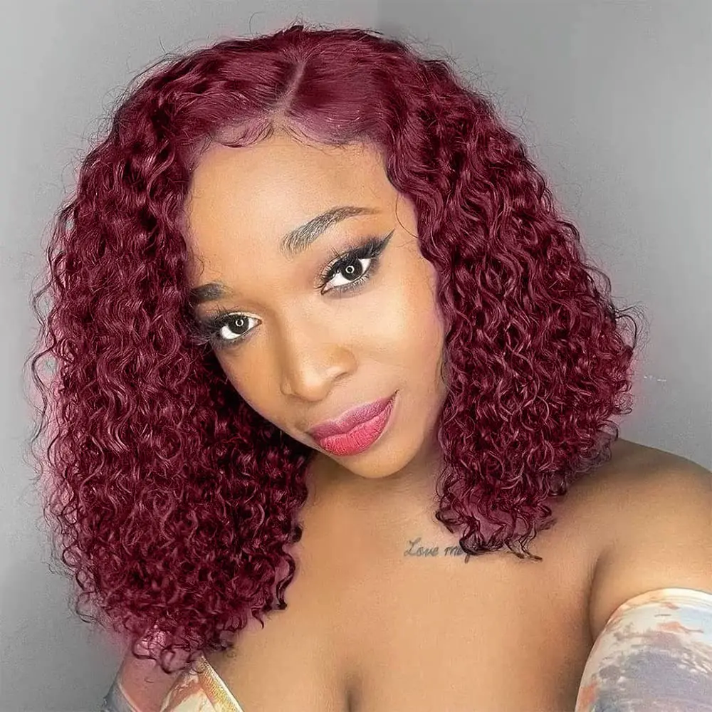 

99J Burgundy Lace Front Wig Side Part HD Lace Frontal Deep Wave Curly Glueless Short Bob Wig Human Hair Bob Wigs for Black Women