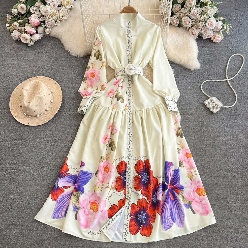 

Vintage Long Luxury Dress for Women Stand Collar Belted Midi Vestidos Floral Lantern Sleeve Chic Party Evening Formal Traf New