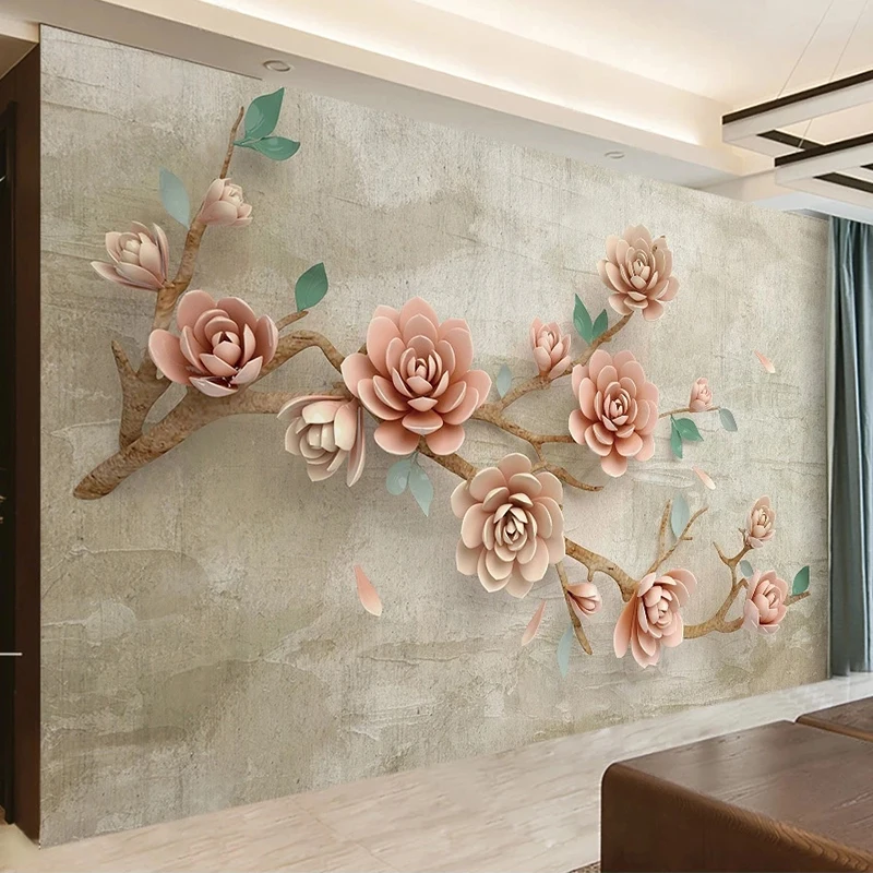 Custom 3D Wallpaper Vintage 3D Relief Flower Branches Mural Living Room TV Sofa Home Decor Background Wall Home Decor Wall Cloth