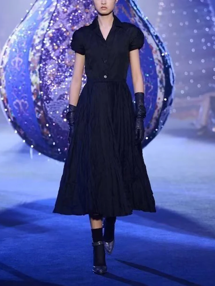 

Runway Designer Summer New Women'S Short Sleeve Black Pleated Shirt Dress Casual Fashion Office Party Elegant Vintage Midi Dress