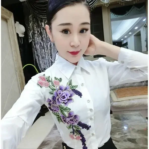 블라우스 여성 가을 ??겨울 수 놓은 긴팔 셔츠 여성 대형 탑 Blusas Mujer De Moda