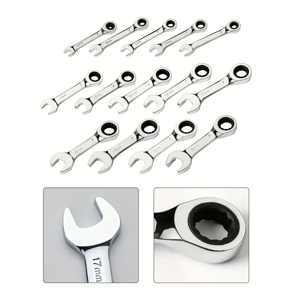 1pc 6-19mm Ratchet Socket Wrench Spanner Short Handle 72 Tooth Reversible Combination Single Wrench Open Box End Multi-to