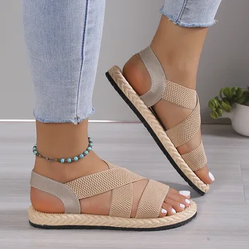 fashion Women's trend anti-slip wear comfortable matching color sole pure black shoelace flat sandals 1