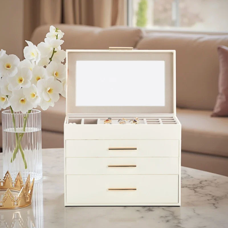 Deluxe 2-Drawer Jewelry Box with Clear Top View Velvet Storage Case for Necklaces Earrings Large Capacity and Exquisite Design