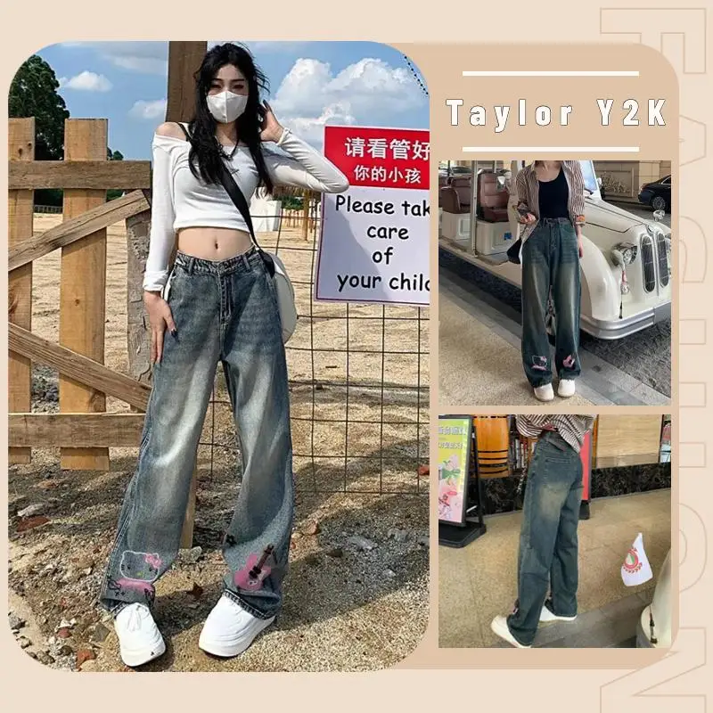 

2023 Sanrio Hellokitty Pants Anime Y2K Spicy Girl American Vintage Jeans Fashion Print Hip Hop High Waist Trousers Autumn/winter
