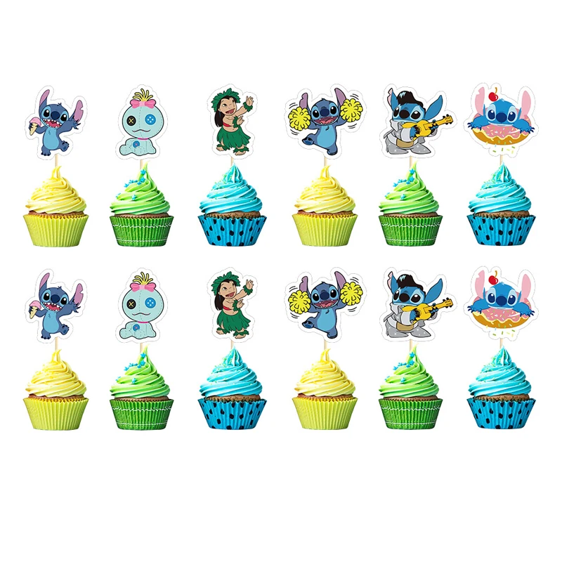 

24pcs/lot Girls Favors Birthday Party Lilo Stitch Theme Baby Shower Cupcake Toppers Decorate Elsa Anna Cake Topper With Sticks