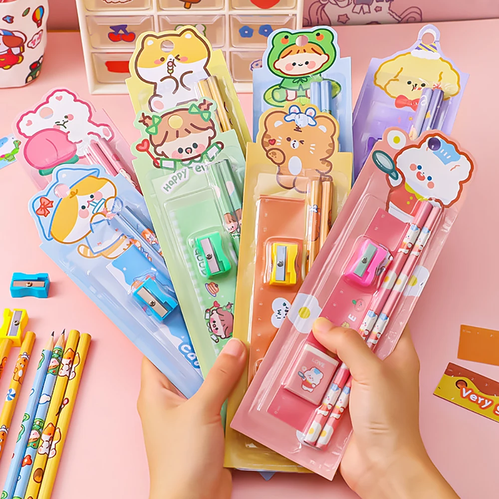 5 Piece Set Cartoon Pencil Set Children's Stationery Eraser Ruler Pencil Clip Knife School Supplies Gift Stationery useful multi segment moisture proof 3 grids eraser ruler pencil storage holder for office pencil box pencil storage box