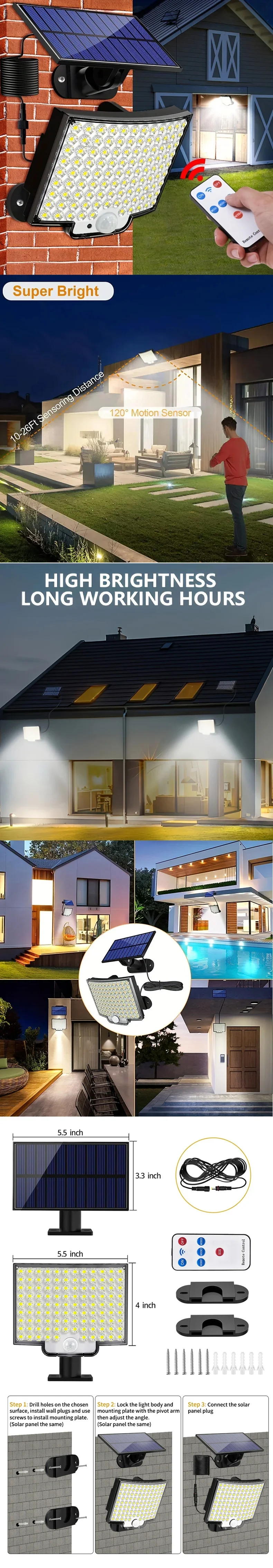 Description Picture 3 of item1-3 Pcs 106LED Solar Light Outdoor Motion Sensor Flood Lights Remote Control Waterproof Super Bright Wall Lamp Courtyard Path