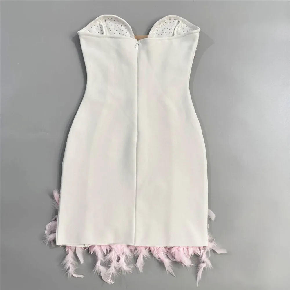 Frauen Sexy Perlen Liebsten Verband Kleid Bodycon Federn Patchwork Kleidung Club Party Promi Mini Kleider – Detail 6