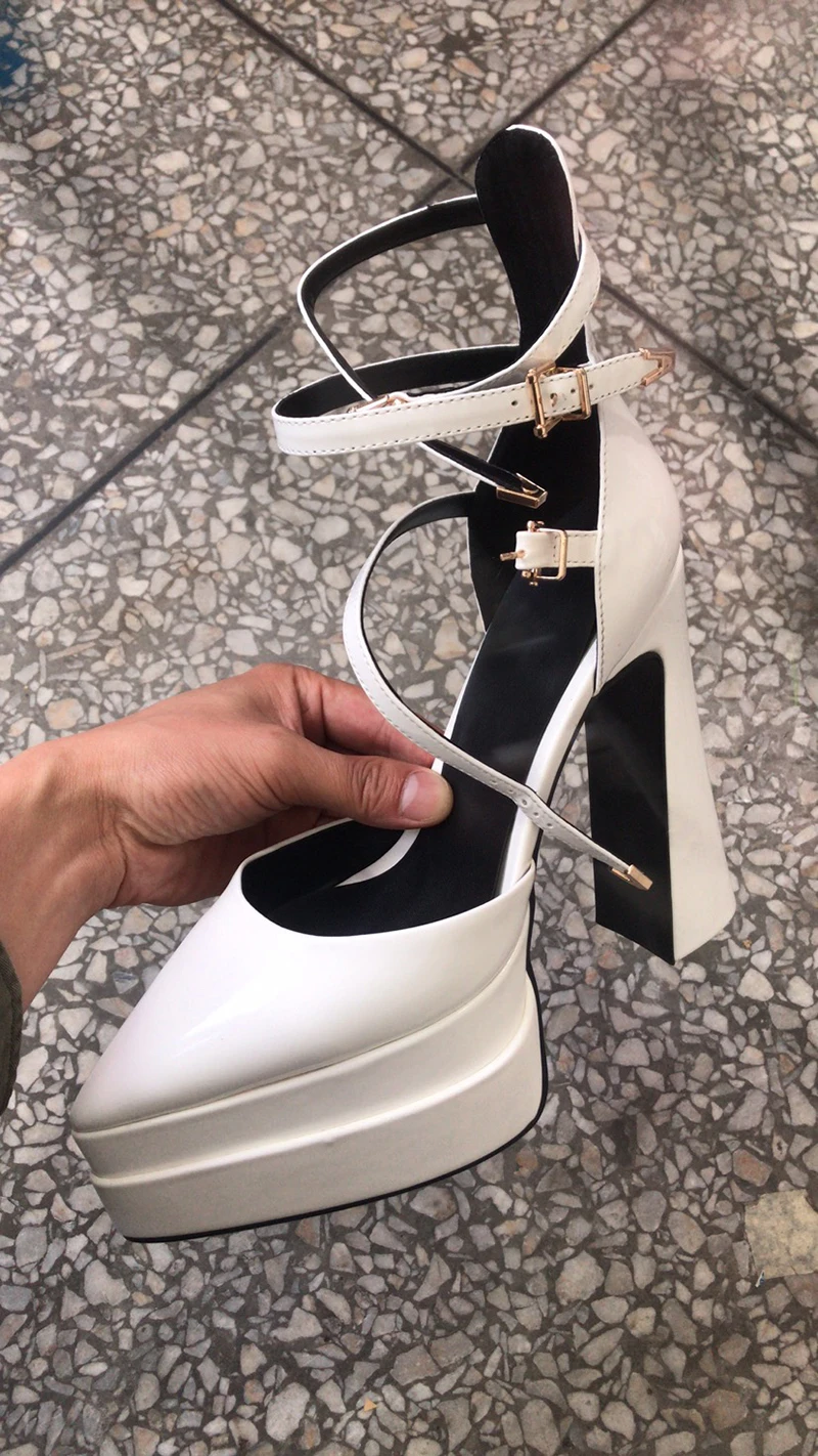 Crystal Cut Black Strappy Heeled Platform Sandals With Diamante Buck – Club  L London - UK
