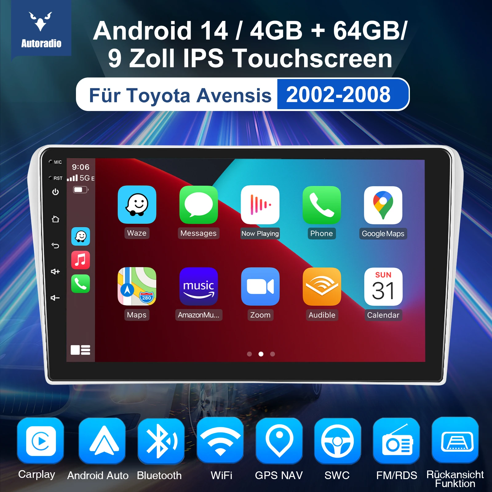 ESSGOO 9" Touchscreen Android14 For Toyota Avensis 02-08 GPS Navi FM Autoradio Wireless Carplay Android Auto GPS Navi BT Wifi FM