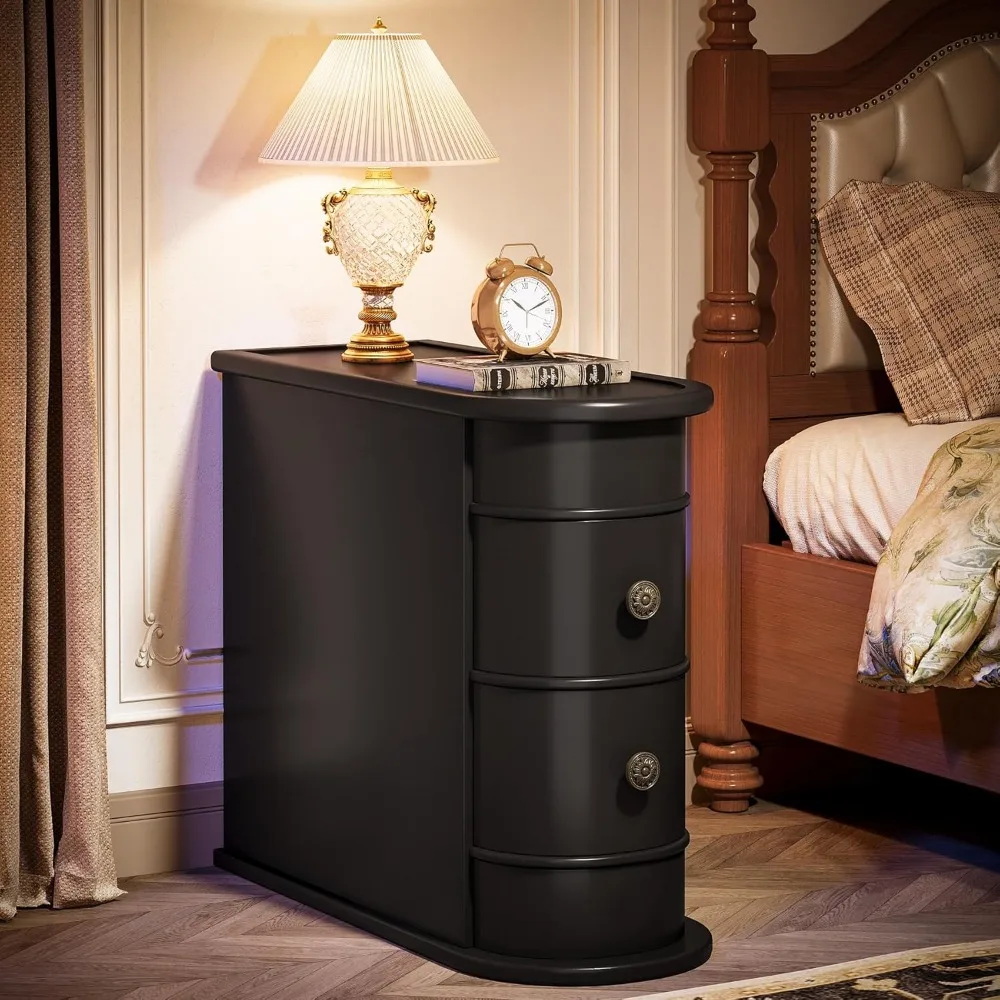 End Table with 2 Drawers, Black Sofa Side Table with Storage, No Assembly Required, Closed Back, Slim Nightstand Vintage Wood C 5