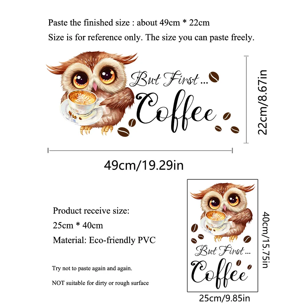 Cartoon Owl Coffee Cup Wall Stickers For Kitchen Restaurant Decoration Mural Cafe Pattern Room Home Decor Self-adhesive Wallpaper