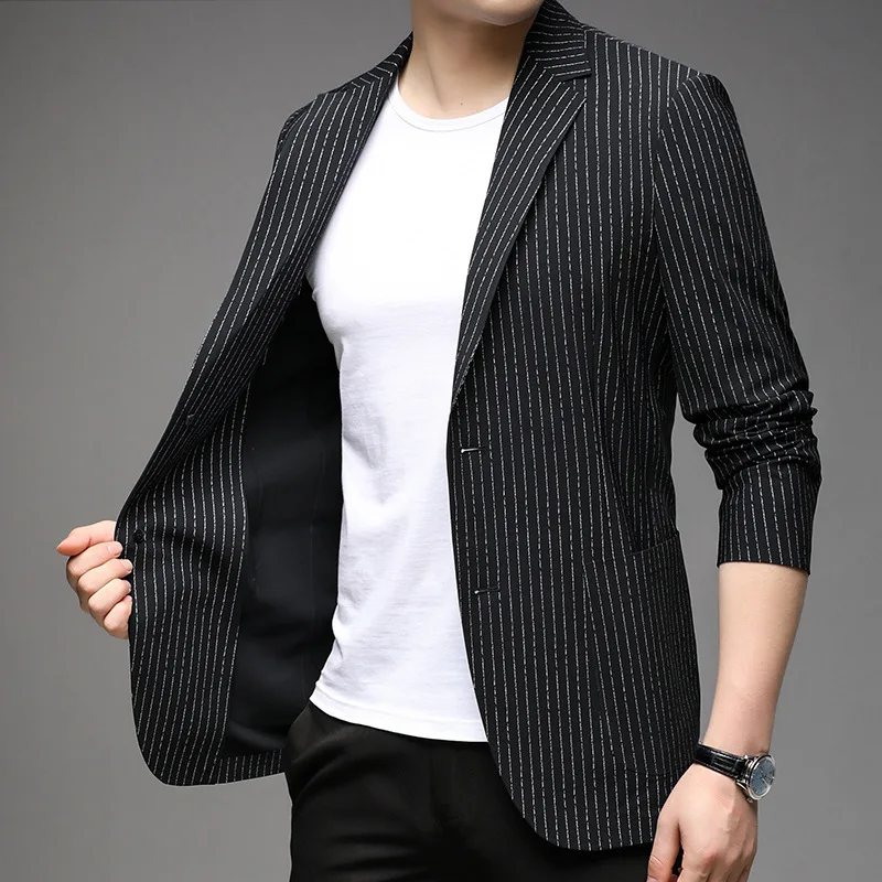 Men Blazer 2023 Spring and Autumn Trendy Striped Jacket New Fashion Casual Handsome Simple Male Suit Black Coat