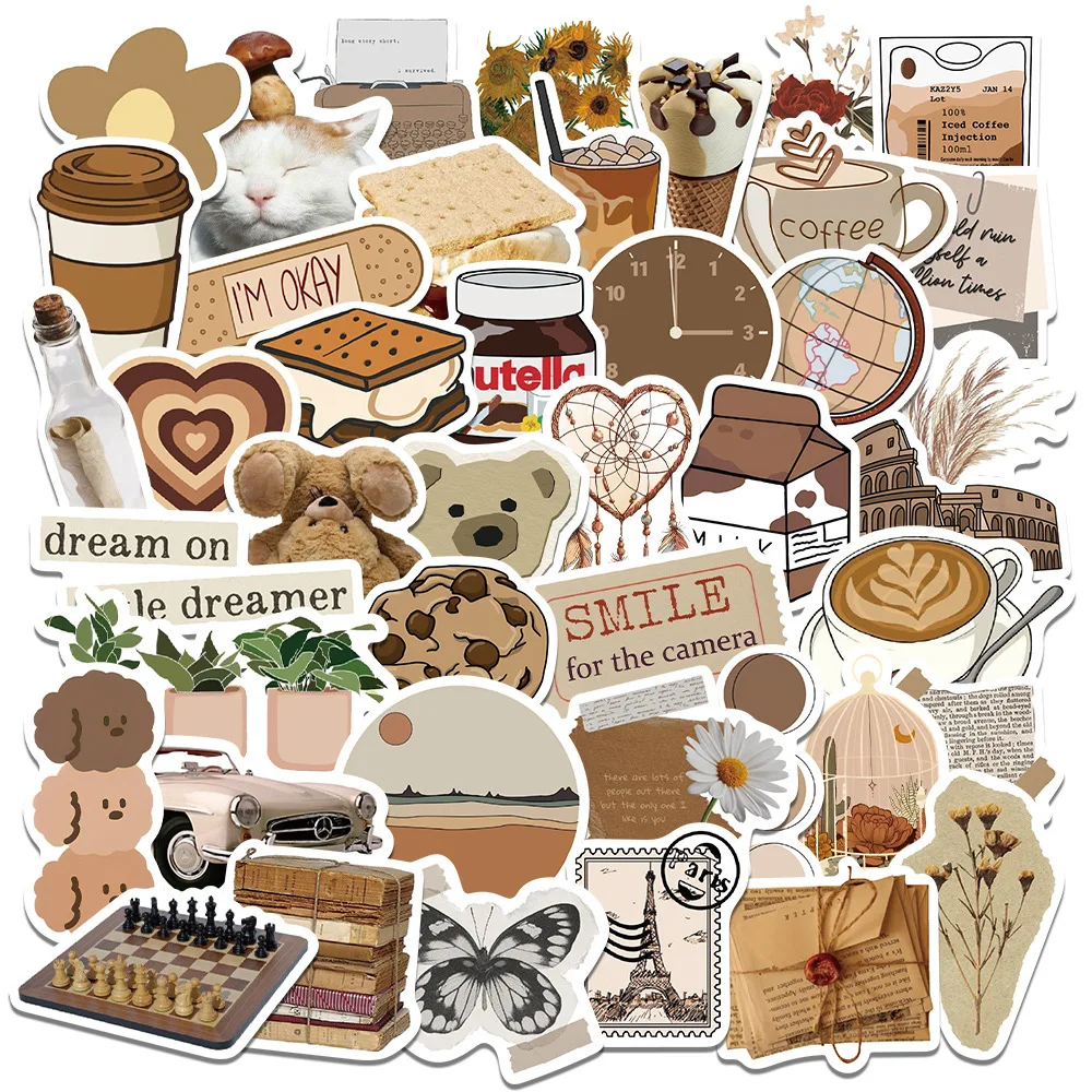 Decorative Stickers 10/30/50Pcs Retro Brown Waterproof Graffiti Sticker Aesthetic Decorative Luggage Laptop Cup Guitar Phone Scrapbook Kid Stickers