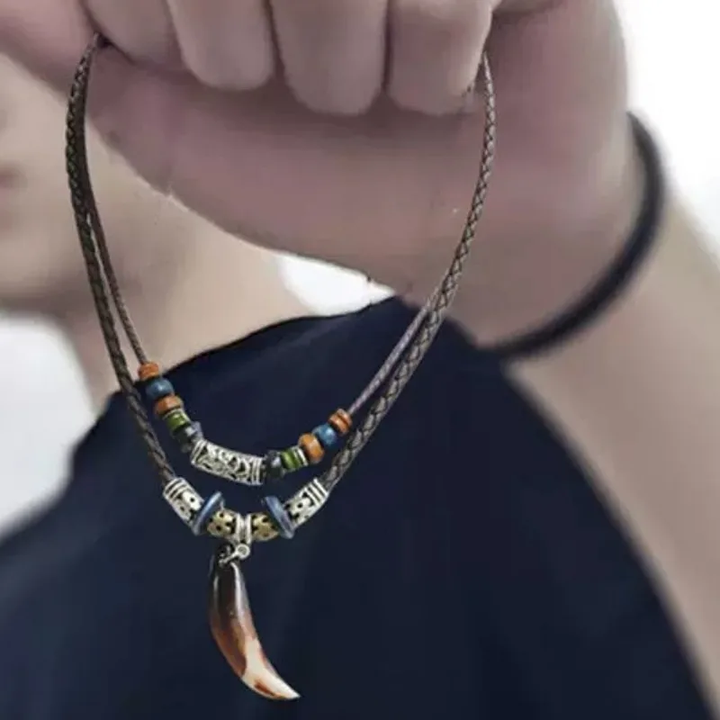 Ethnic Wolf Tooth Necklace Vintage Tribal Leather Braided Beaded Neck Chain Accessory Multi-layer Dogtooth Pendant Jewelry Gifts
