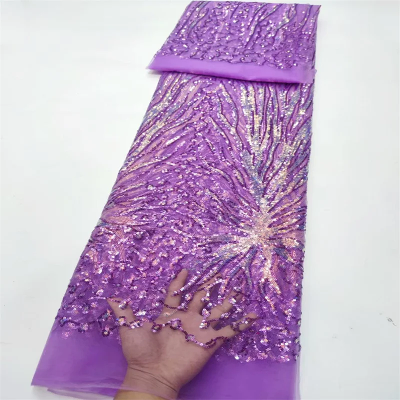 

Фиолетовая/Золотая Высококачественная французская нигерийская сетчатая ткань с вышивкой 5 ярдов африканская кружевная ткань с блестками для шитья свадебного платья
