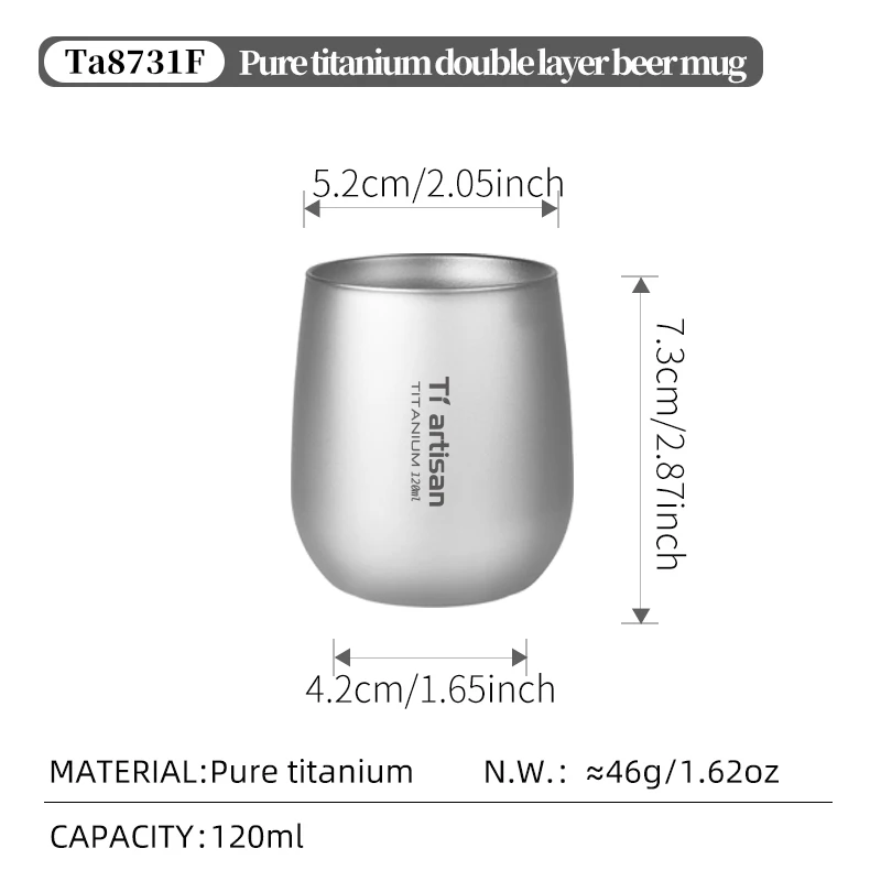 Tiartisan Pure Titanium Double-Layer Anti-Scald Cup - 120ml Portable Outdoor Drinkware