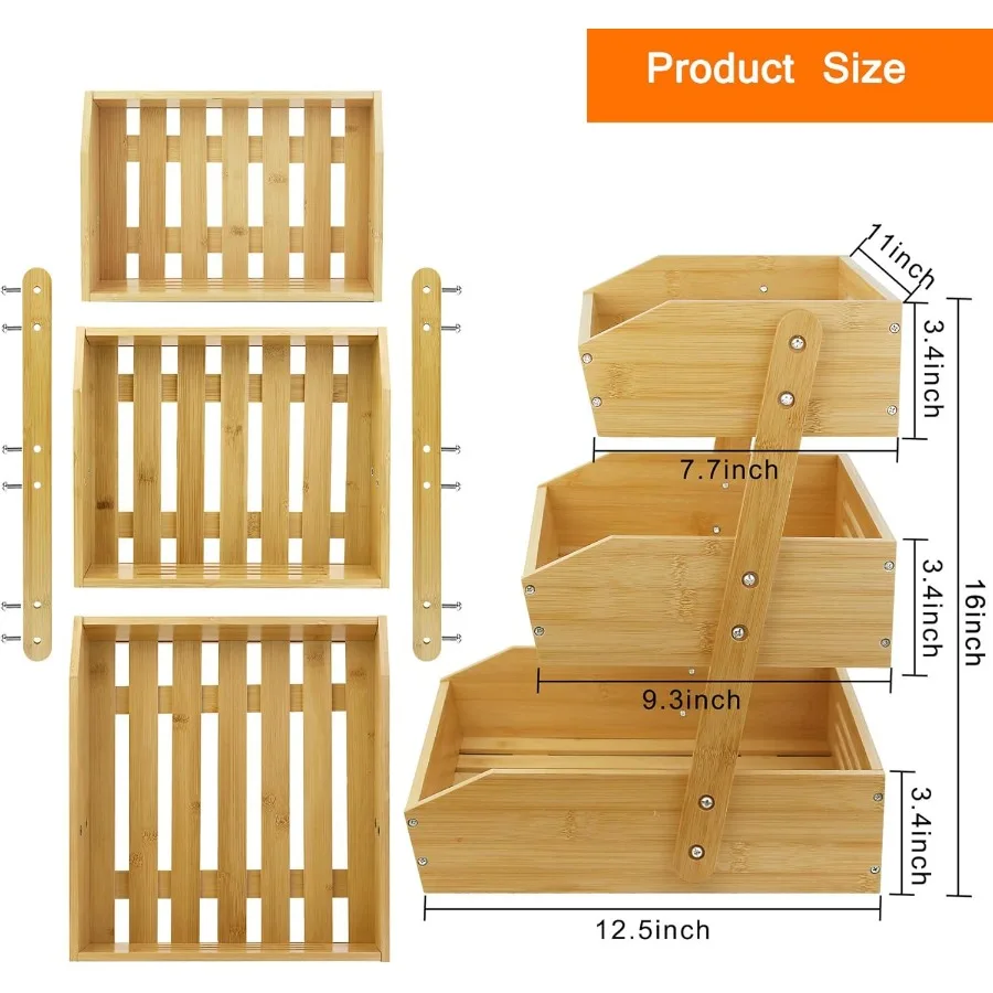 Fruit Basket for Kitchen Counter 3 Tier Fruit Stand Fruit Vegetable Storage Basket Fruit Bowl for Kitchen Counter Large Bamboo