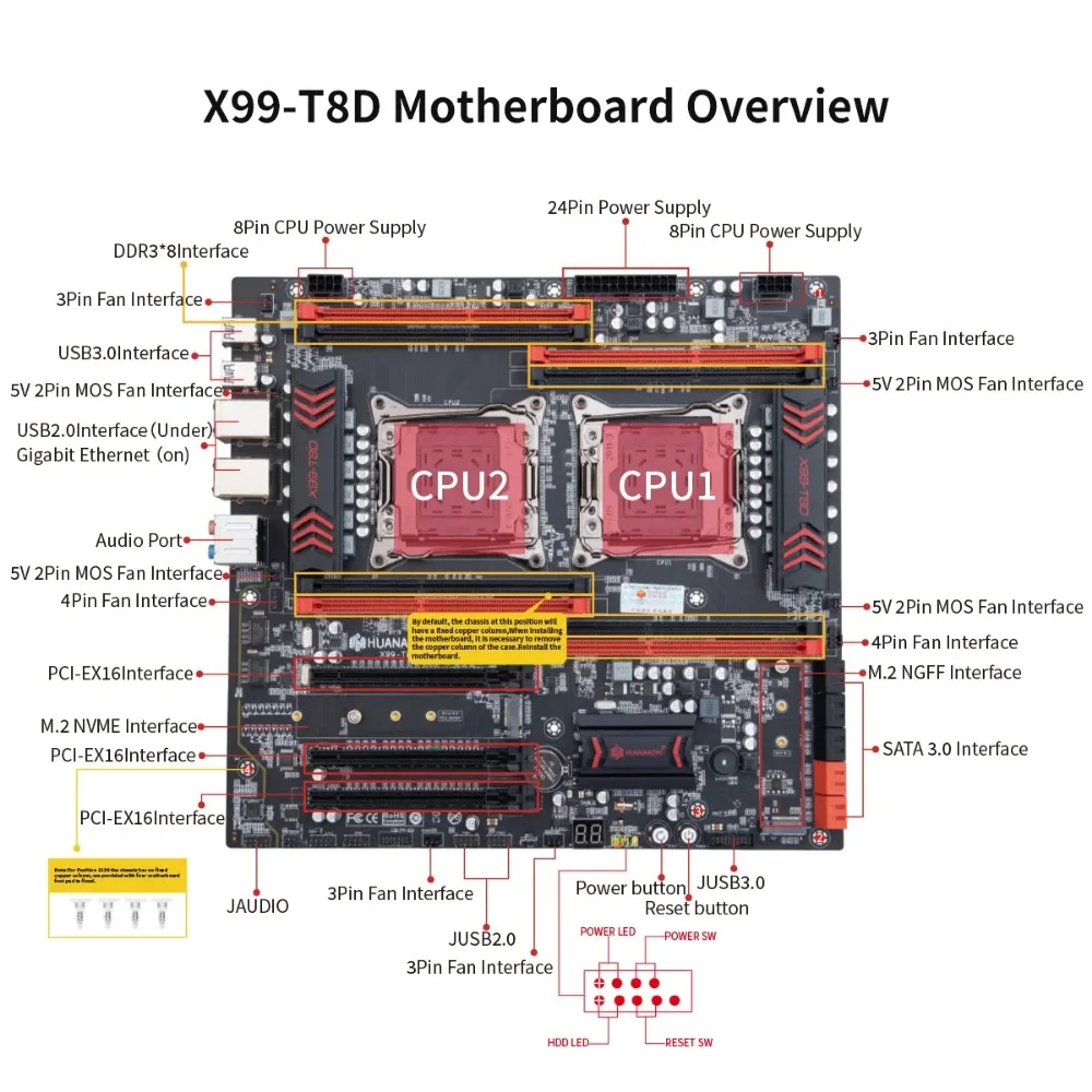 HUANANZHI X99 T8D LGA 2011-3 Xeon 마더보드 듀얼 인텔 CPU E5 지원 DDR3 비-ECC M.2 NVME 노트북용