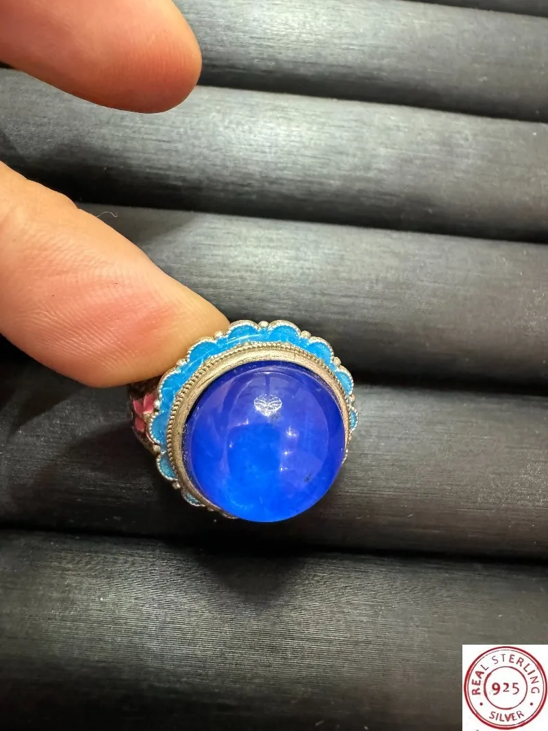 Anello Cloisonné in Argento Tibetano, con Zaffiro Blu a Stella Intarsiato, Stile Etnico Retrò, Fascia Aperta Regolabile, Anello Vintage Unisex - immagine 4