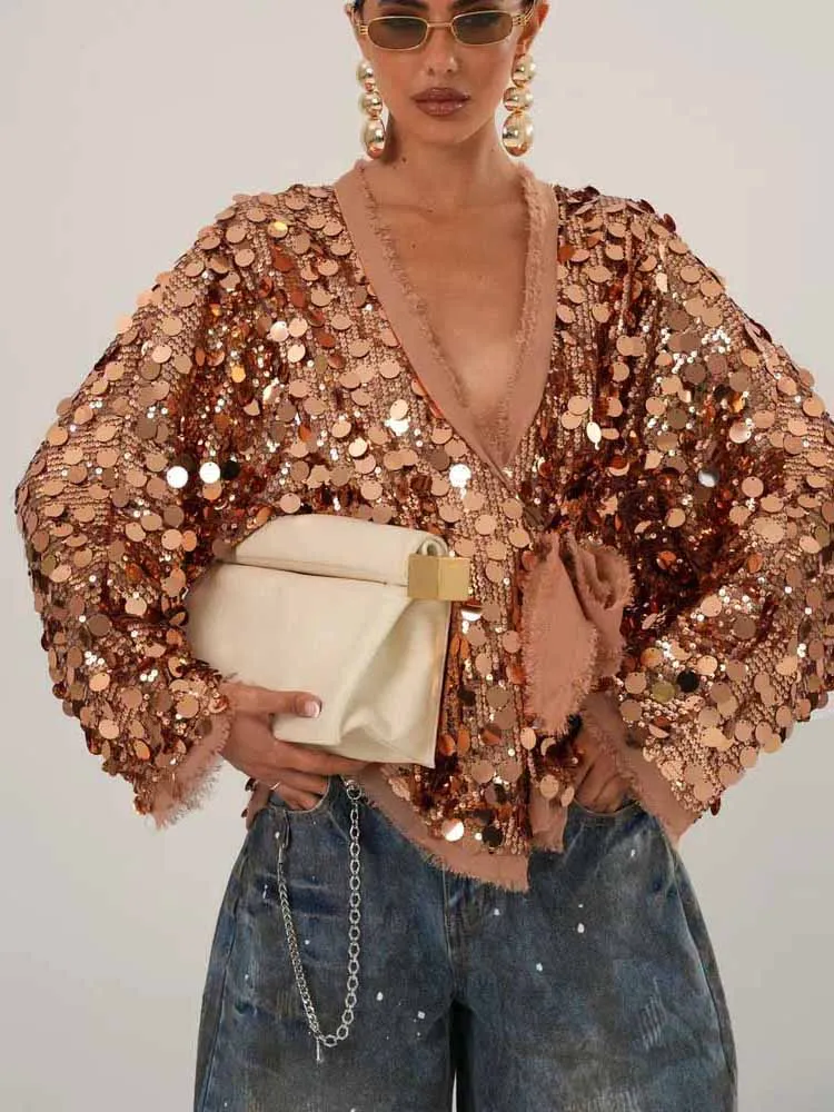 BKQU Sequins Lace Up Cardigan Women Elegant V-Neck Long