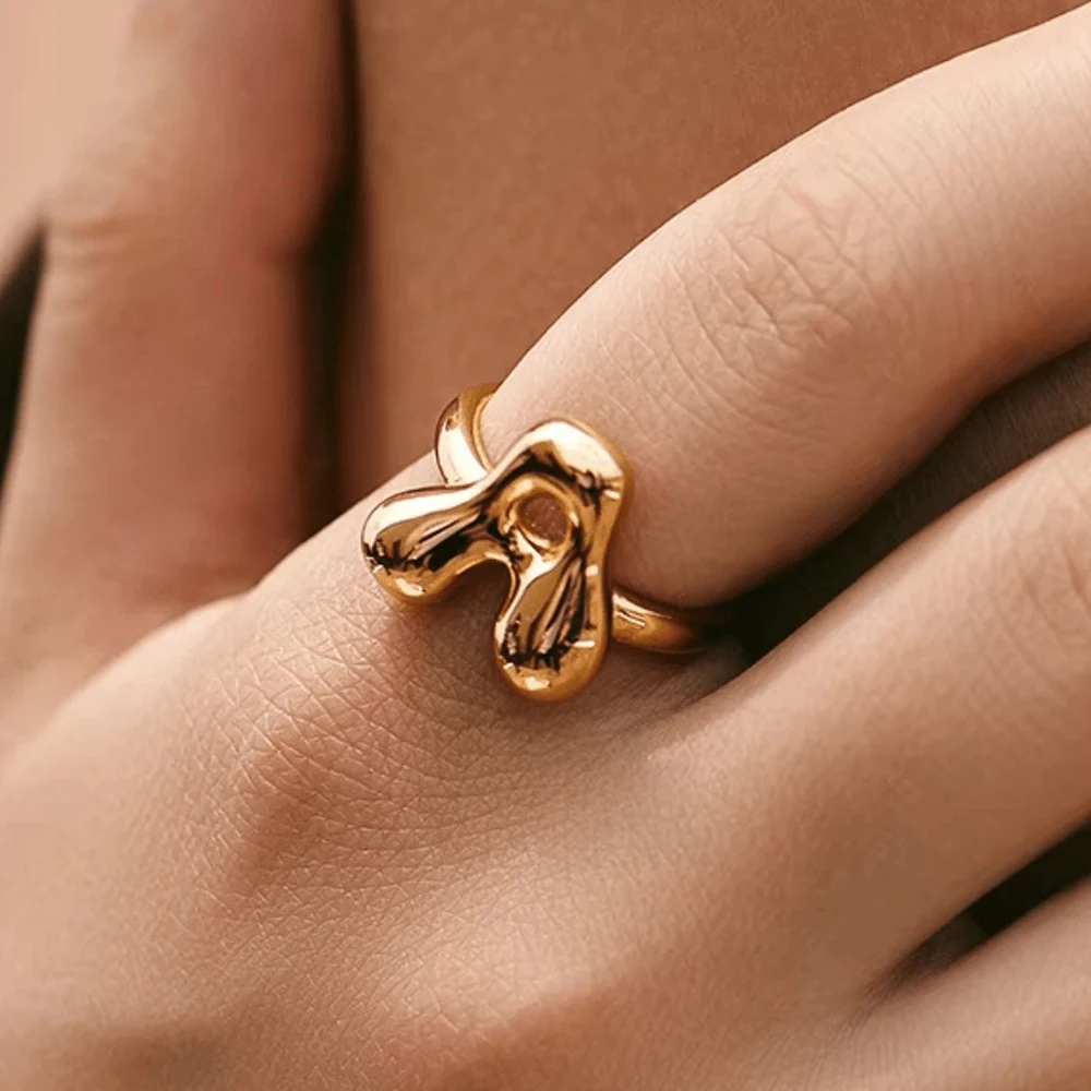 Chunky Initial Letter Rings For Women Gold Color A-Z Letters Opening Finger Ring