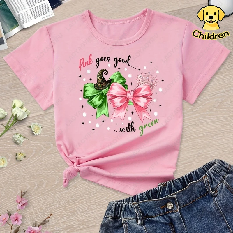 Wicked Cute `핑크는 녹색과 잘 어울린다` 마녀 모자 & 리본 그래픽 티셔..