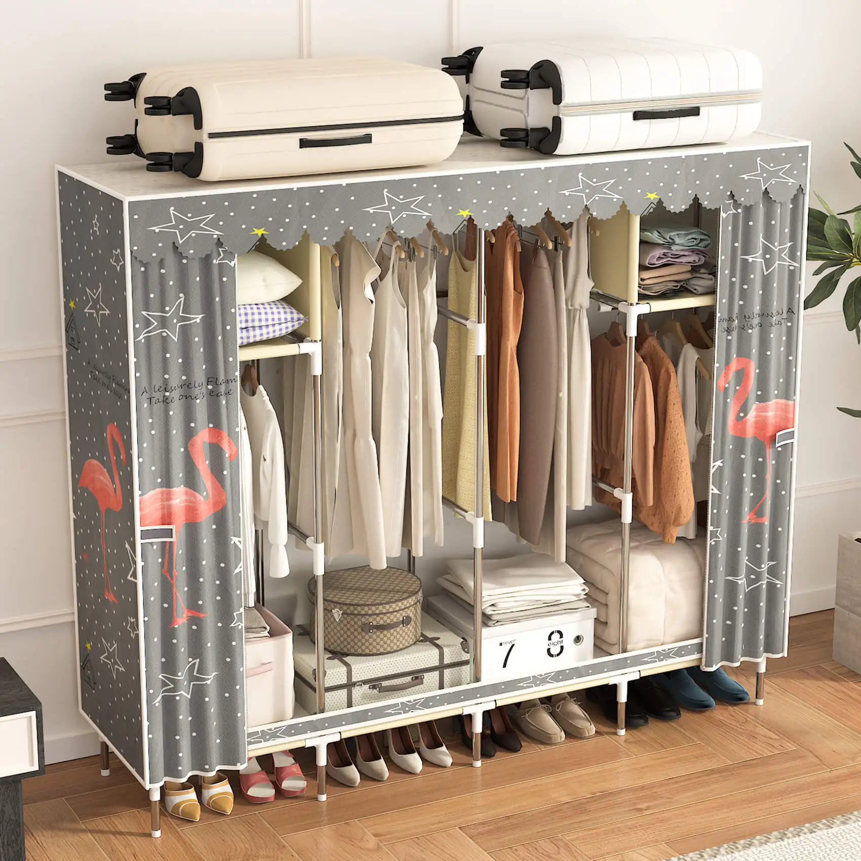 방진 커버가 있는 스테인리스 스틸 옷장, 우아한 공간 절약, 가정용 의류 정리함, 기숙사 및 임대 공간 